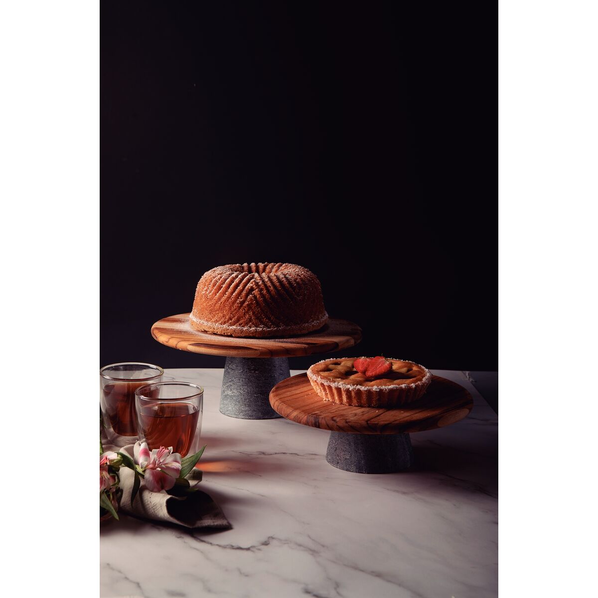 Tabla Soporte para Tarta de Madera Teca con base de piedra Provence 32 x 13 cm