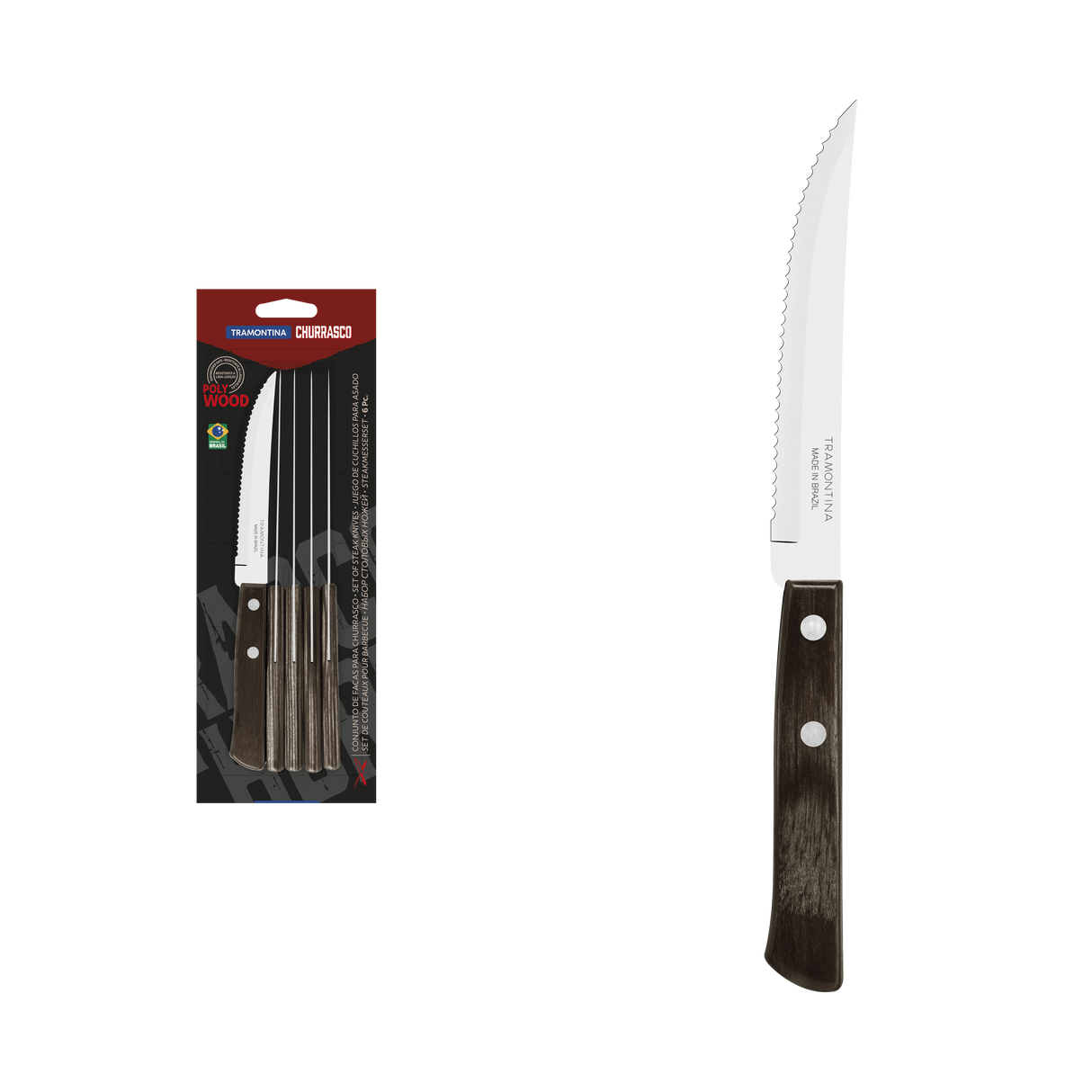 Tramontina Juego de Cuchillos para Carne de Acero Inoxidable con Mango Castaño Polywood 6 Piezas