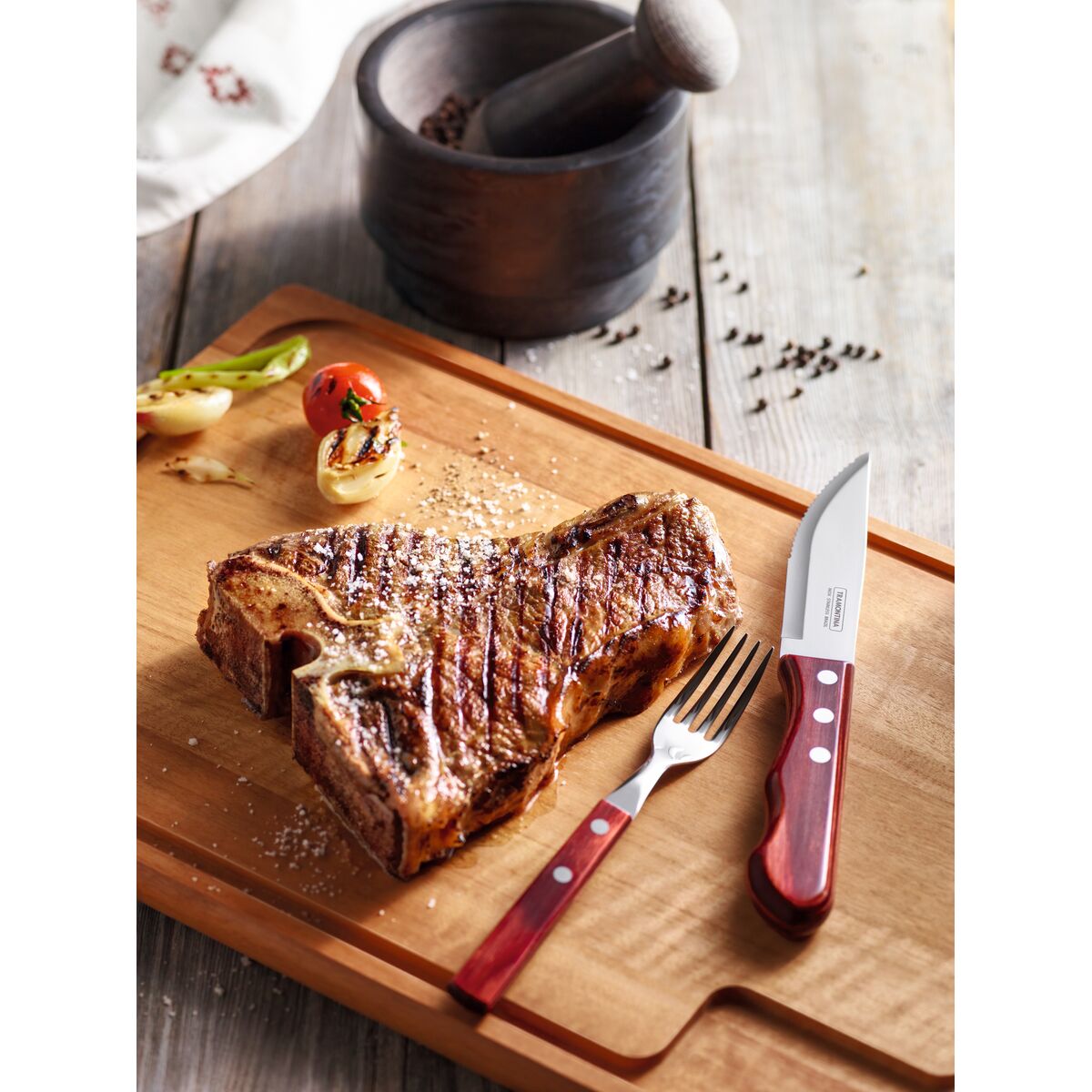 JUEGO DE CUCHILLOS JUMBO CARNE /BBQ 12CM 4PZAS. - POLYWOOD FSC ROJO