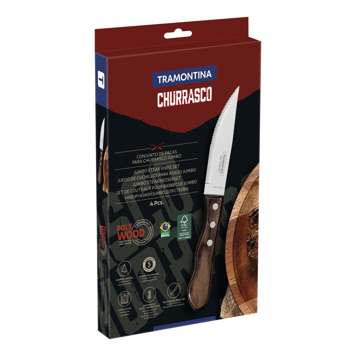 Tramontina Juego de Cuchillos para Carne Jumbo Polywood Castaño 4 piezas