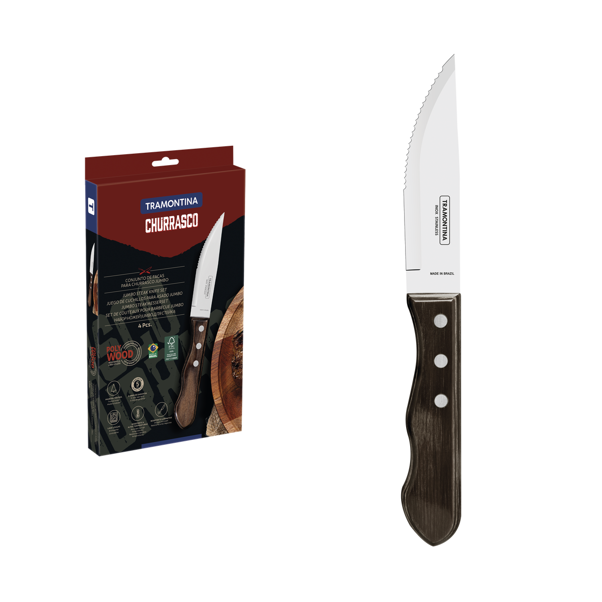 Tramontina Juego de Cuchillos para Carne Jumbo Polywood Castaño 4 piezas