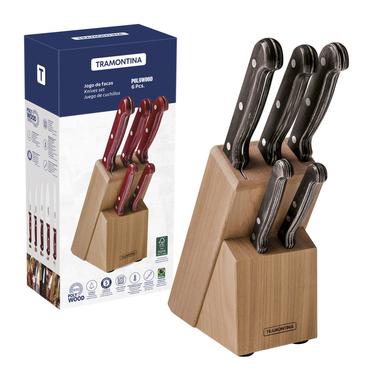 Tramontina Juego de Cuchillos con Soporte de Madera Polywood Castaño 6 Piezas