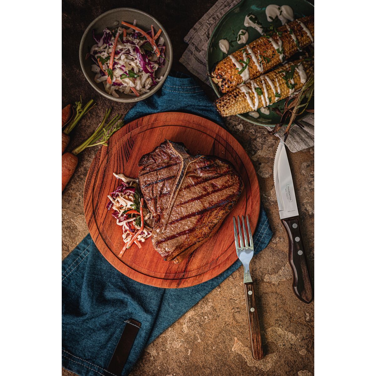 JUEGO DE CUCHILLOS JUMBO PARA CARNE/BBQ 12CM 4PZAS. - POLYWOOD CASTAÑO