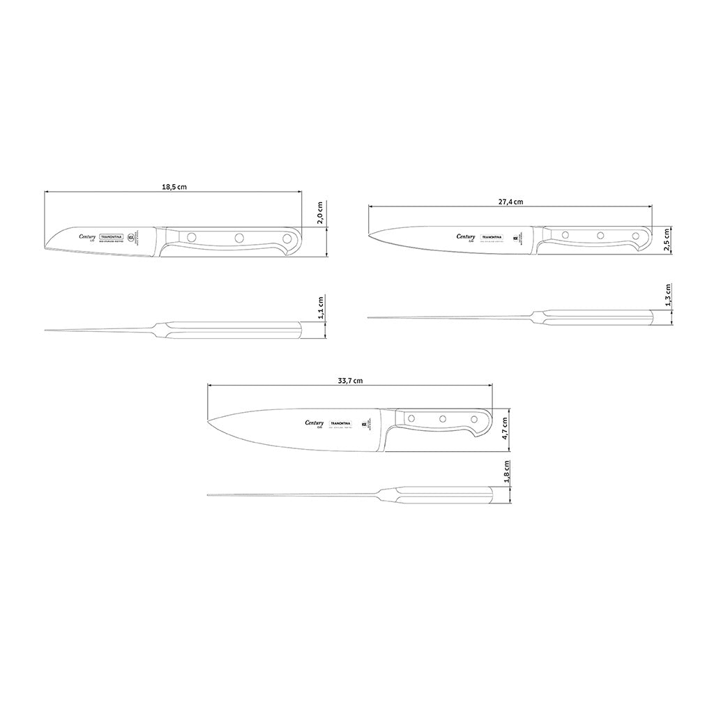 Juego de Cuchillos en Acero Inoxidable Century NSF 3 piezas