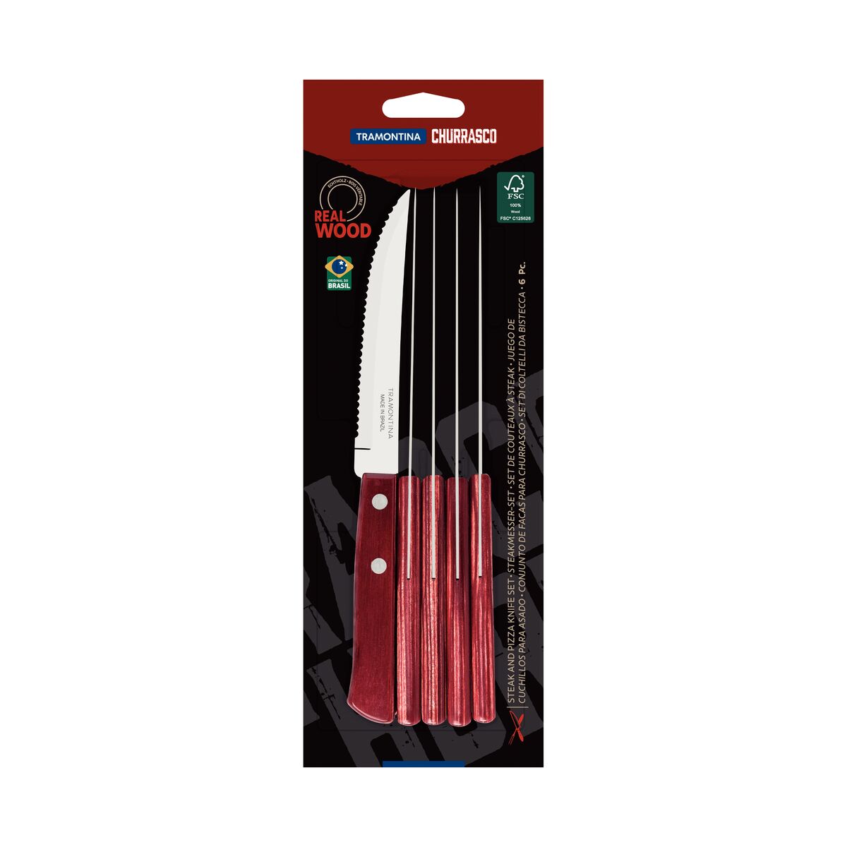 JUEGO DE CUCHILLOS PARA CARNE/BBQ 12CM 6PZAS. - POLYWOOD FSC ROJO