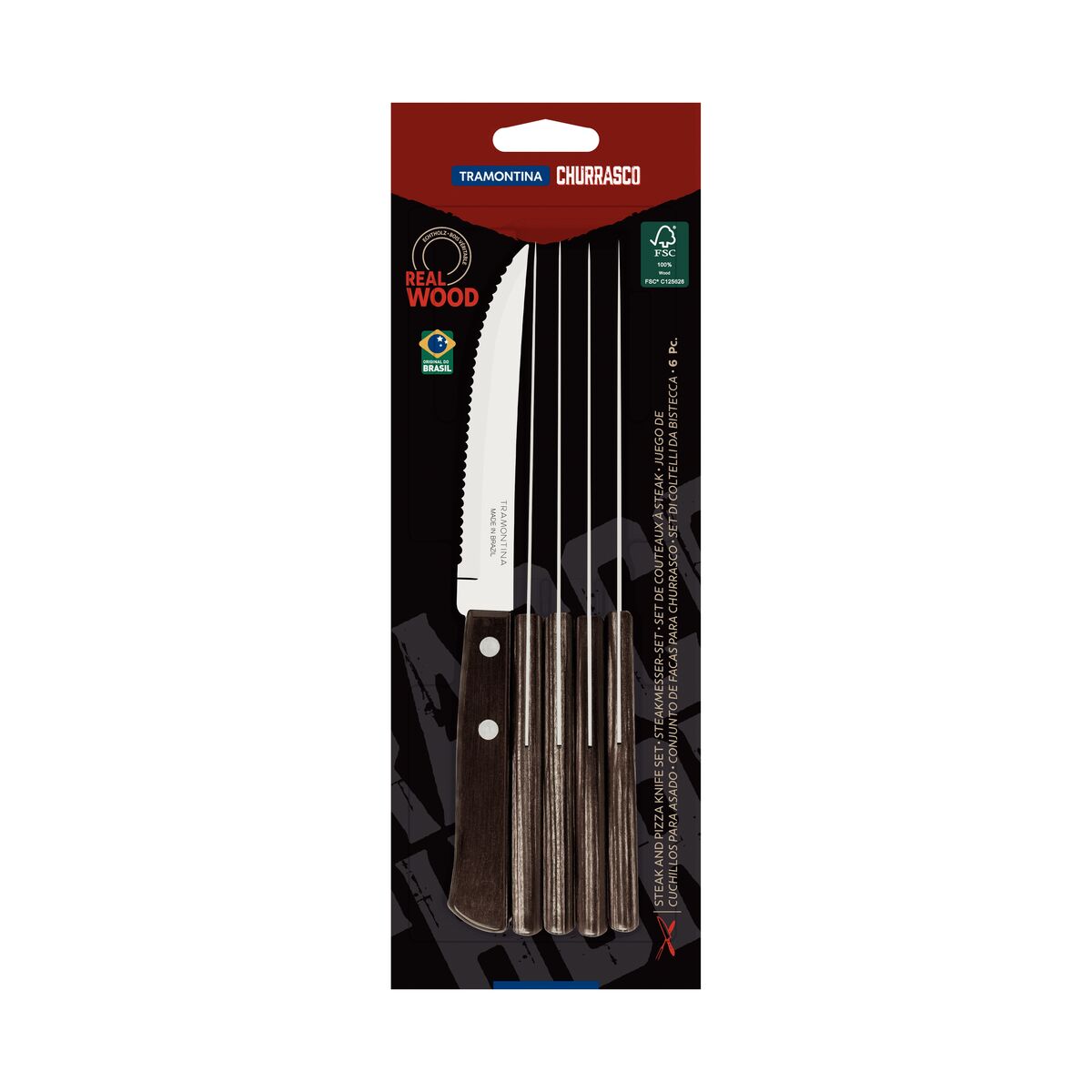 JUEGO DE CUCHILLOS PARA CARNE/BBQ 11CM 6PZAS. - POLYWOOD FSC CASTAÑO