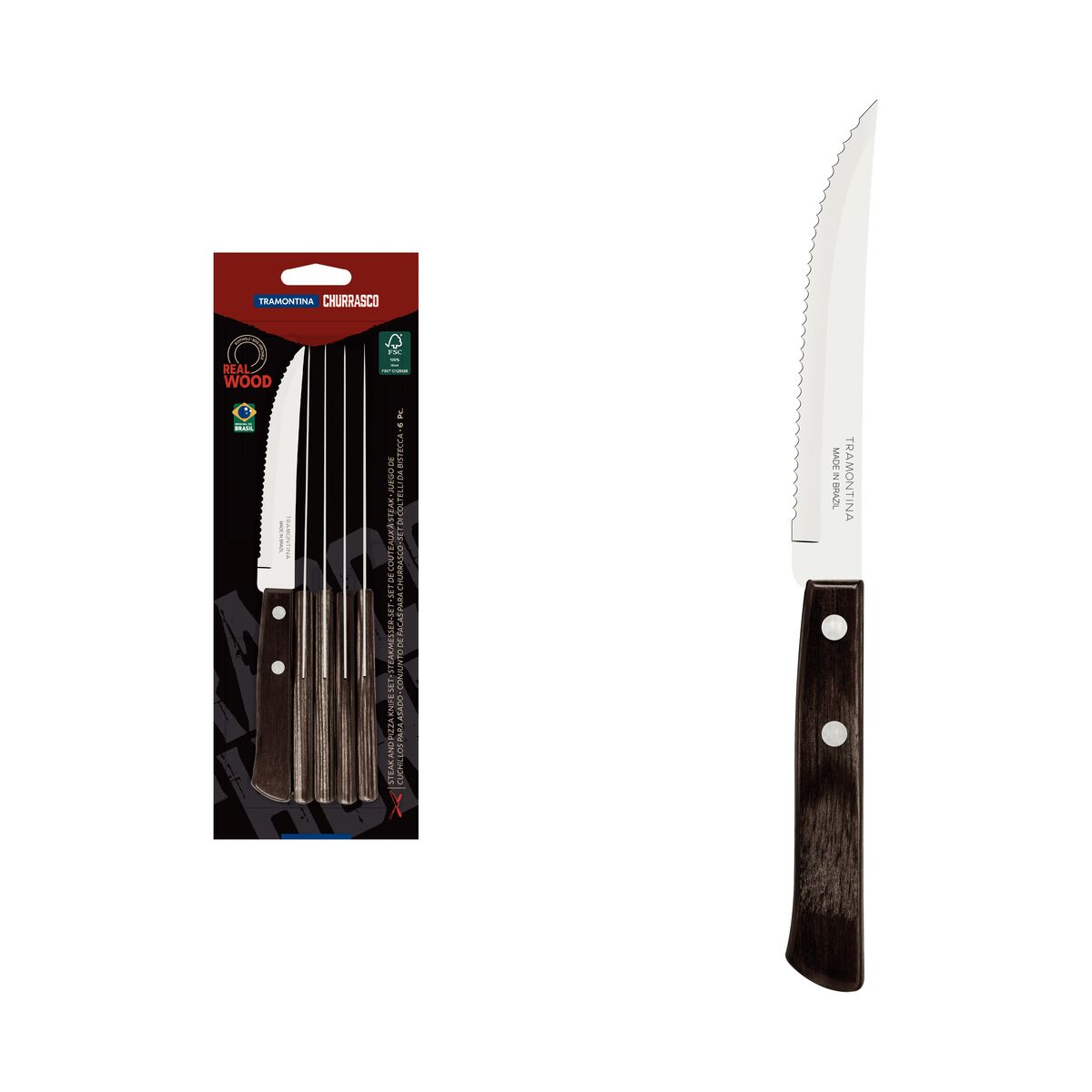 JUEGO DE CUCHILLOS PARA CARNE/BBQ 11CM 6PZAS. - POLYWOOD FSC CASTAÑO