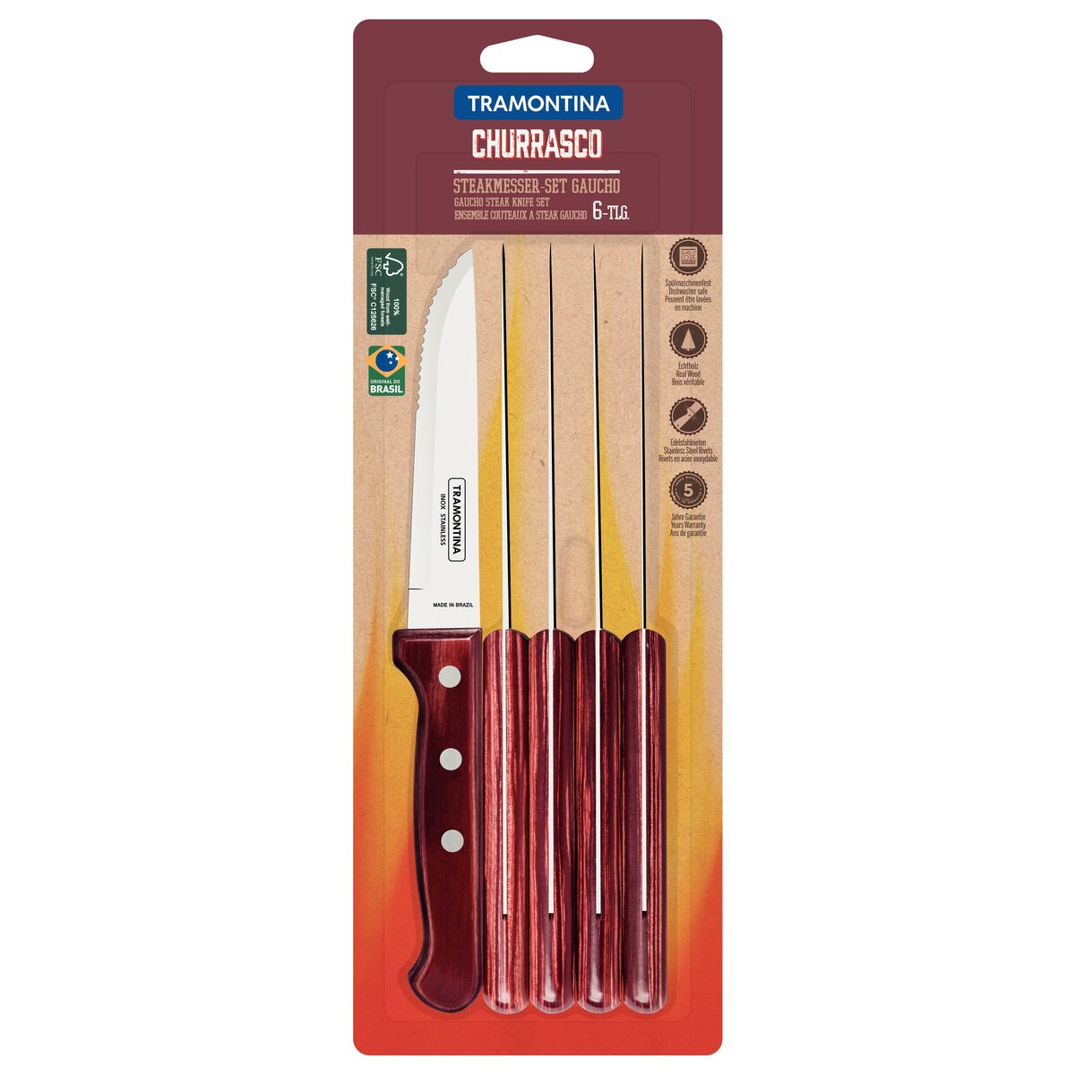 JUEGO DE CUCHILLOS PARA CARNE/BBQ JUMBO 12CM 6PZAS. - POLYWOOD FSC ROJO