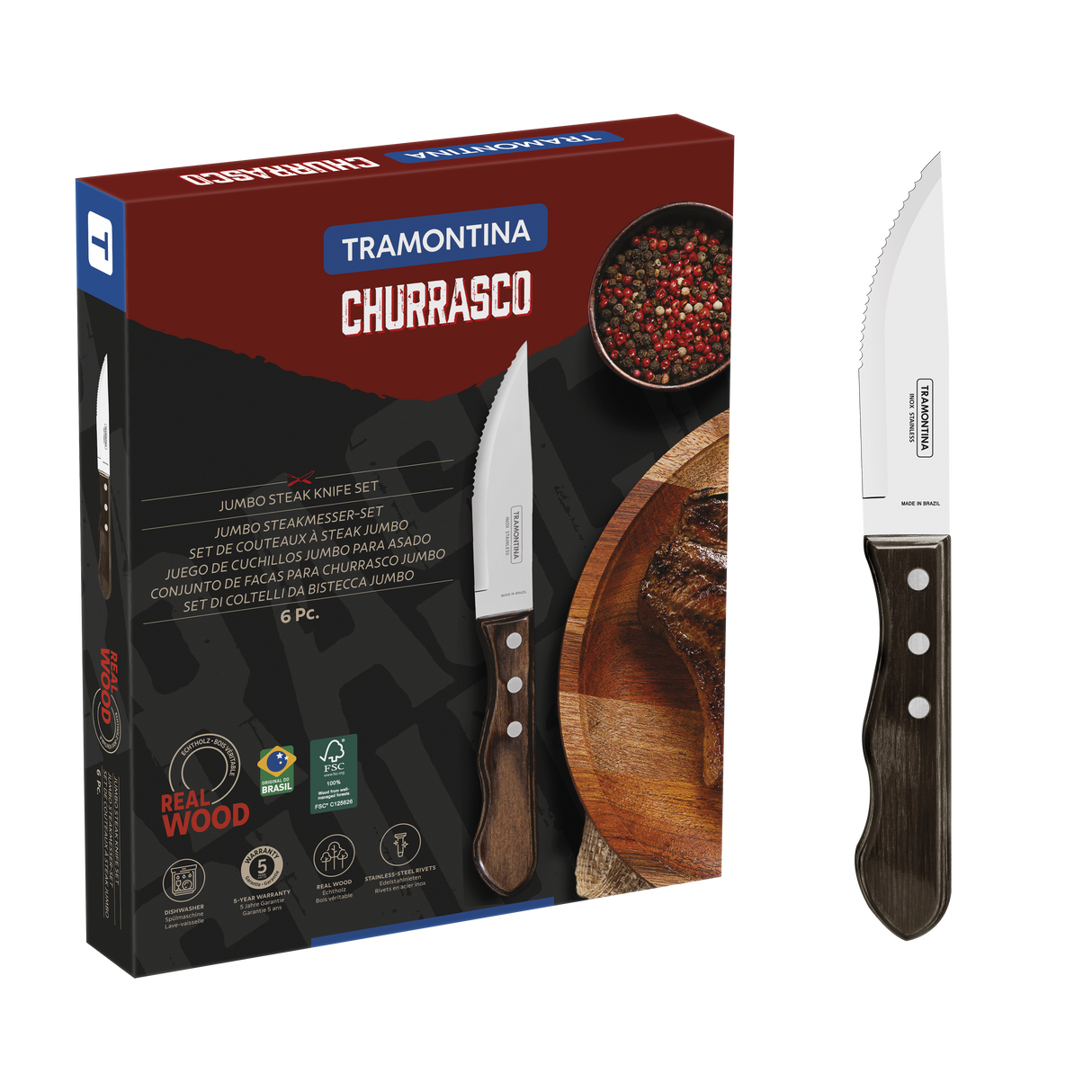 Tramontina Juego de Cuchillos para Asado Jumbo Polywood Castaño 6 Piezas