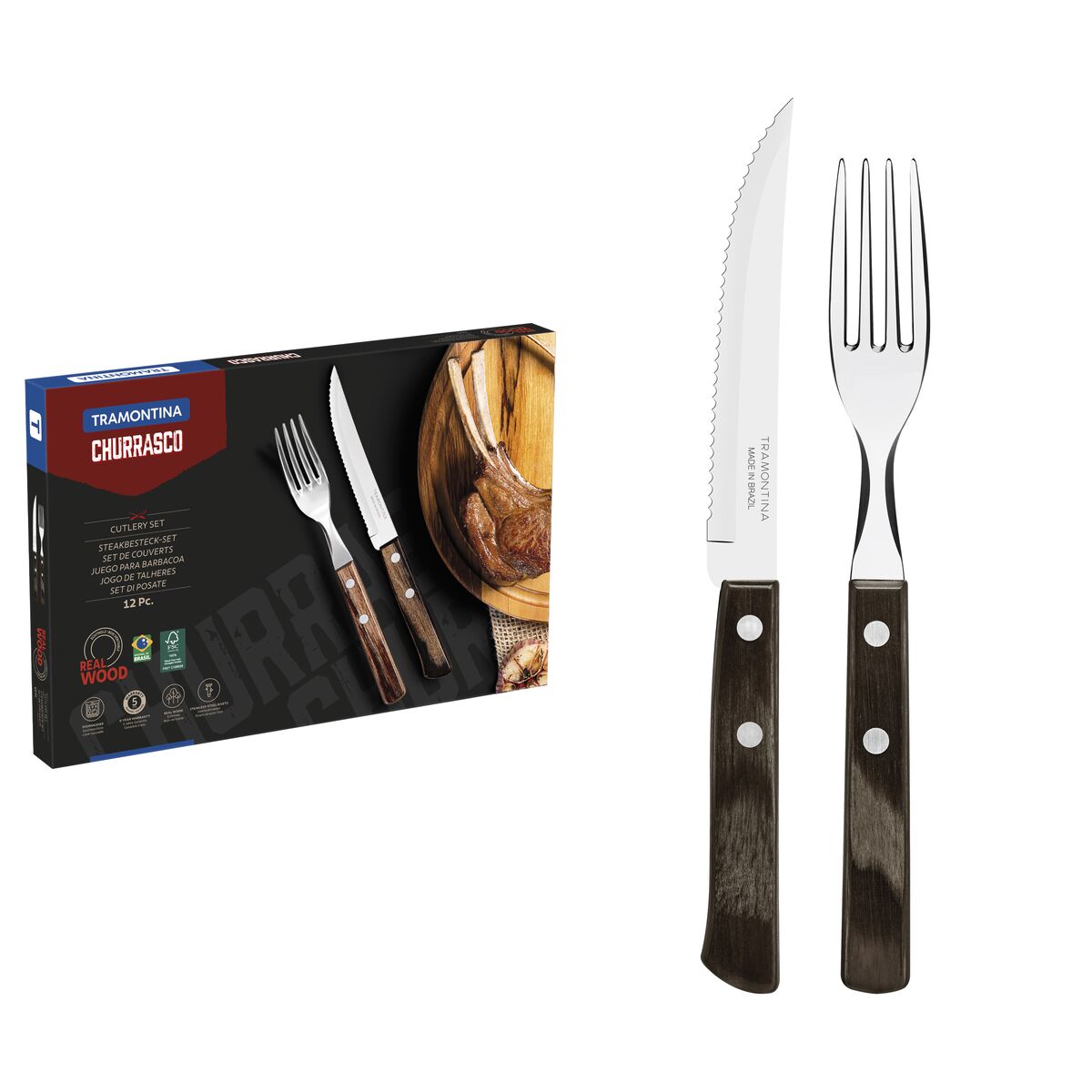 JUEGO CUBIERTOS PARA CARNE/BBQ 12PZAS. - POLYWOOD FSC CASTAÑO