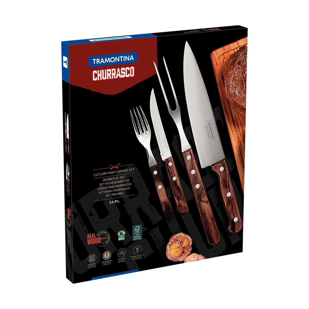 JUEGO ÚTILES Y CUBIERTOS PARA CARNE/BBQ 14PZAS. - POLYWOOD FSC CASTAÑO