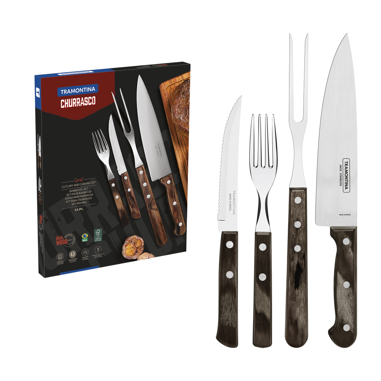 JUEGO ÚTILES Y CUBIERTOS PARA CARNE/BBQ 14PZAS. - POLYWOOD FSC CASTAÑO