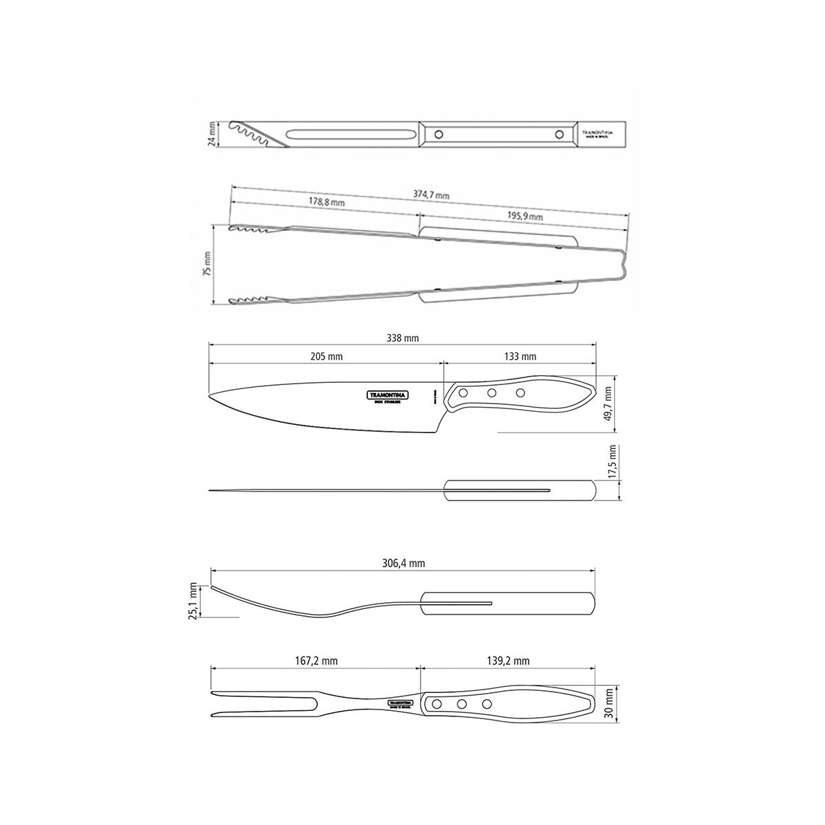 JUEGO ÚTILES PARA CARNE/BBQ 3 PZAS - POLYWOOD CASTAÑO