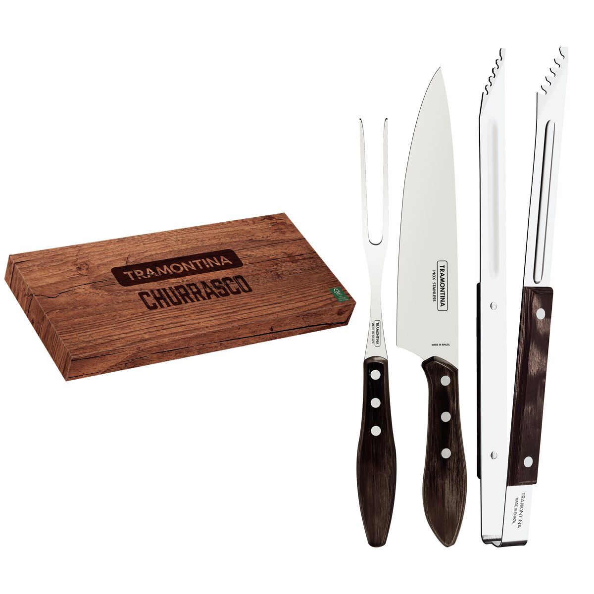 JUEGO ÚTILES PARA CARNE/BBQ 3 PZAS - POLYWOOD CASTAÑO