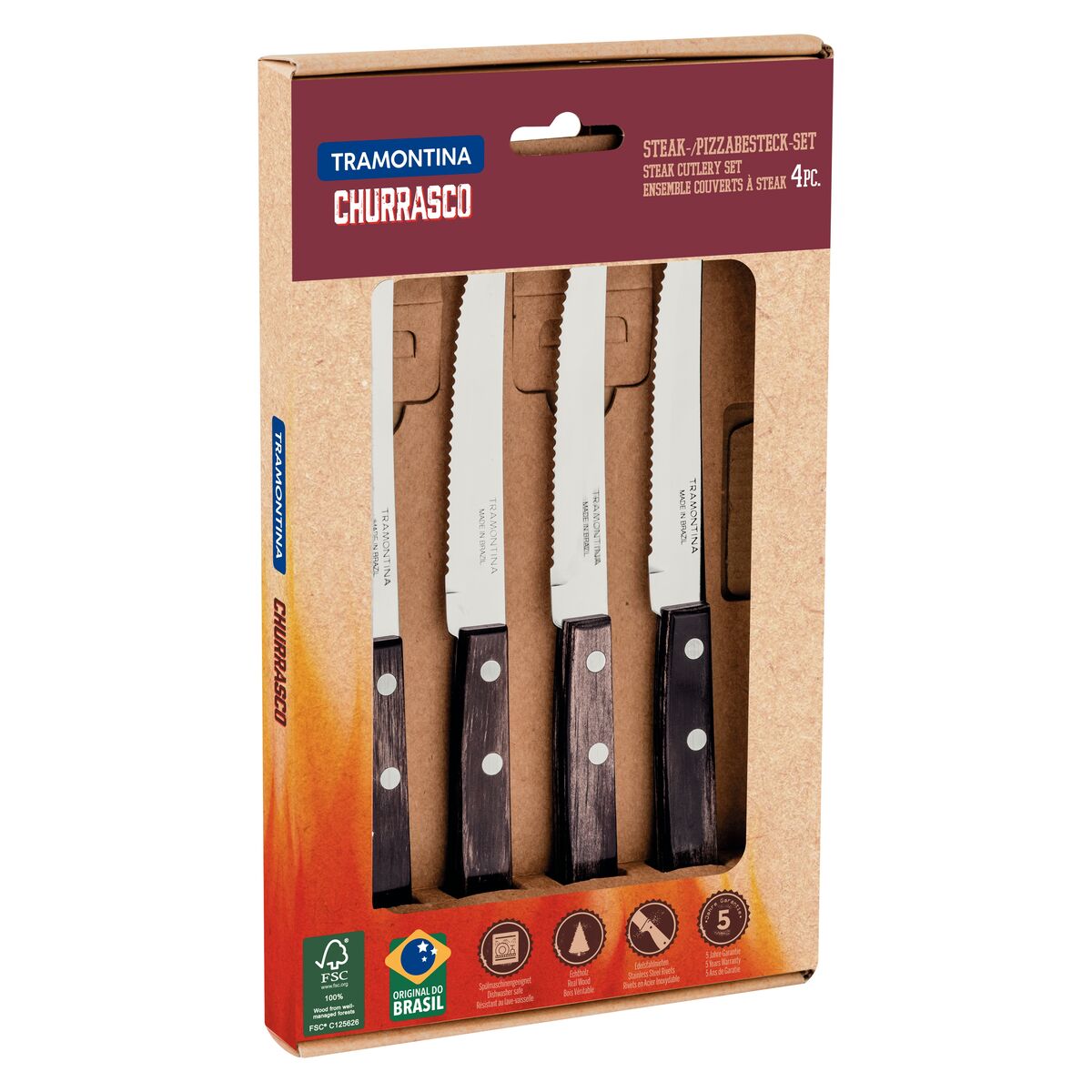JUEGO DE CUCHILLOS PARA CARNE/BBQ 12 CM 4PZAS.- POLYWOOD FSC CASTAÑO