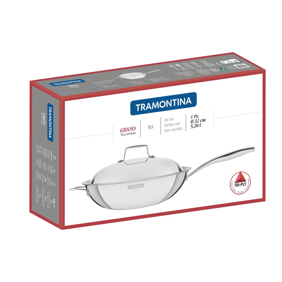 Tramontina Wok Tri-Ply Grano de Acero Inoxidable con Antiadherente 32 cm