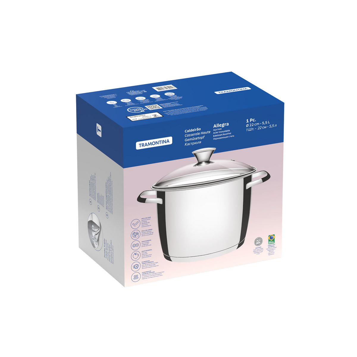 Tramontina Olla Alta en Acero Inoxidable y Fondo Triple Allegra 22 cm