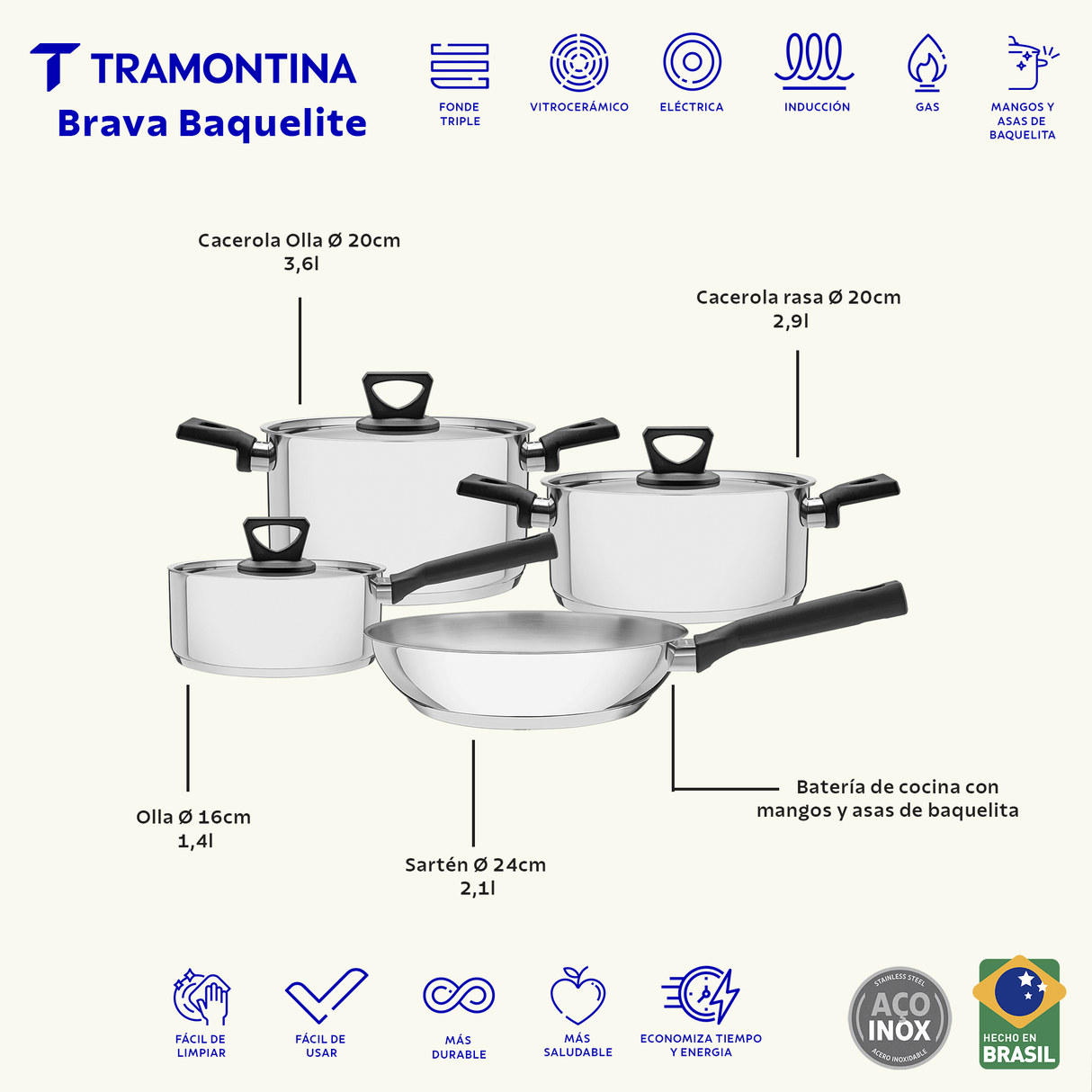 Tramontina Batería de Cocina Brava Baquelite de Acero Inoxidable con Fondo Triple 4 piezas