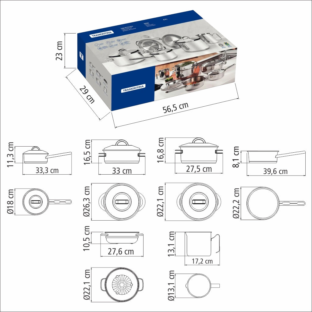 Tramontina Batería de Cocina Solar de Acero Inoxidable con fondo triple 6 piezas