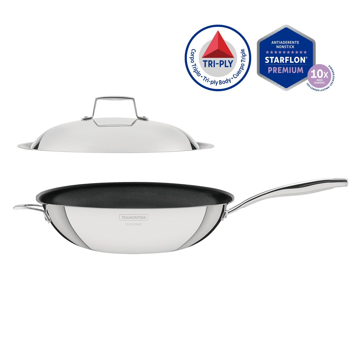 Tramontina Wok Tri-Ply Grano de Acero Inoxidable con Antiadherente 32 cm