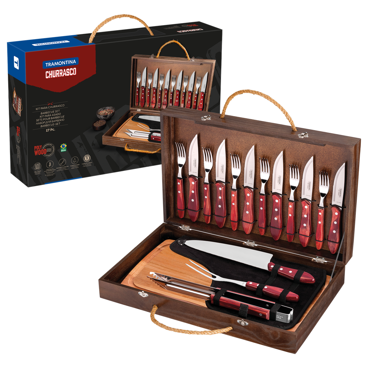 MALETÍN  ÚTILES PARA  CARNE/BBQ 17 PZAS - POLYWOOD ROJO