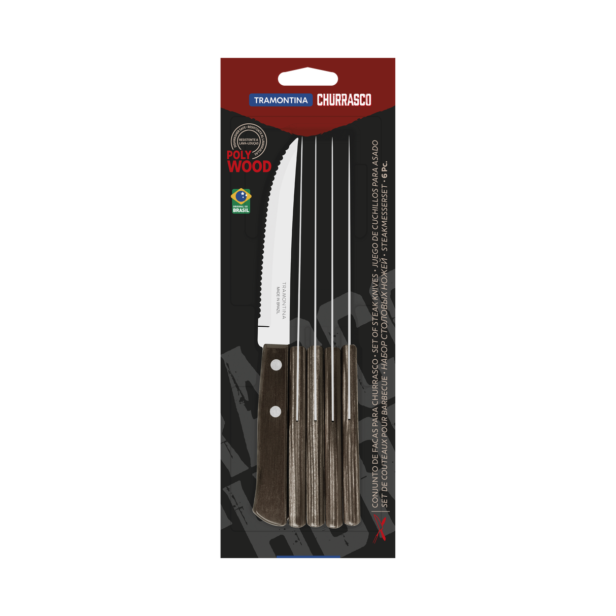 Tramontina Juego de Cuchillos para Carne de Acero Inoxidable con Mango Castaño Polywood 6 Piezas