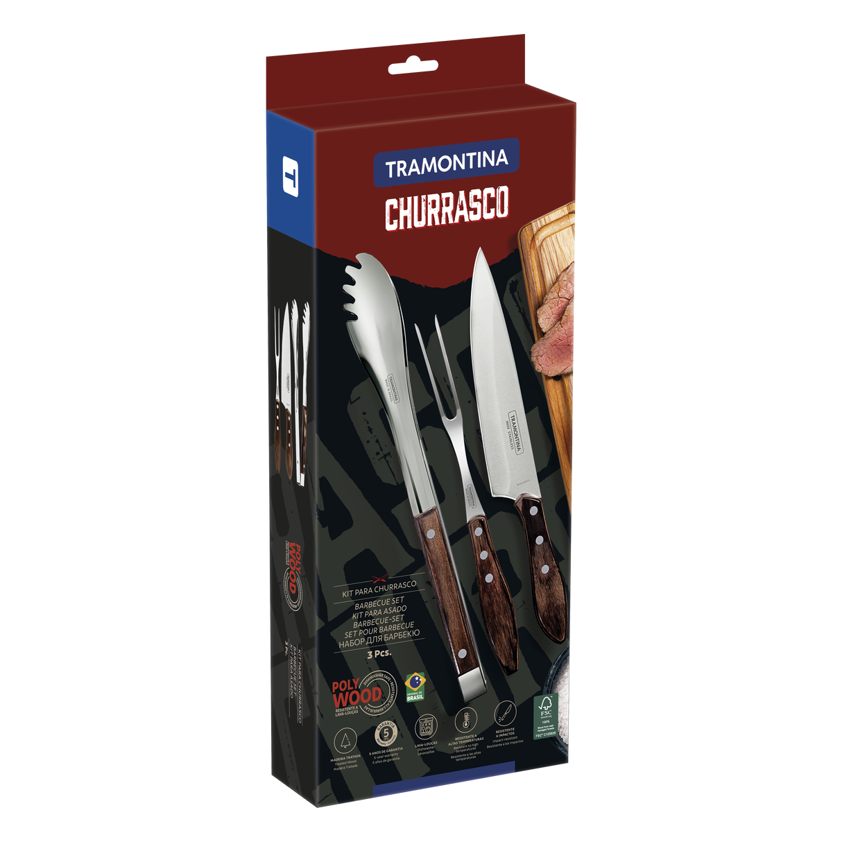 Tramontina Juego de Útiles para Carne/BBQ con Mangos de Madera Polywood Castaño 3 piezas