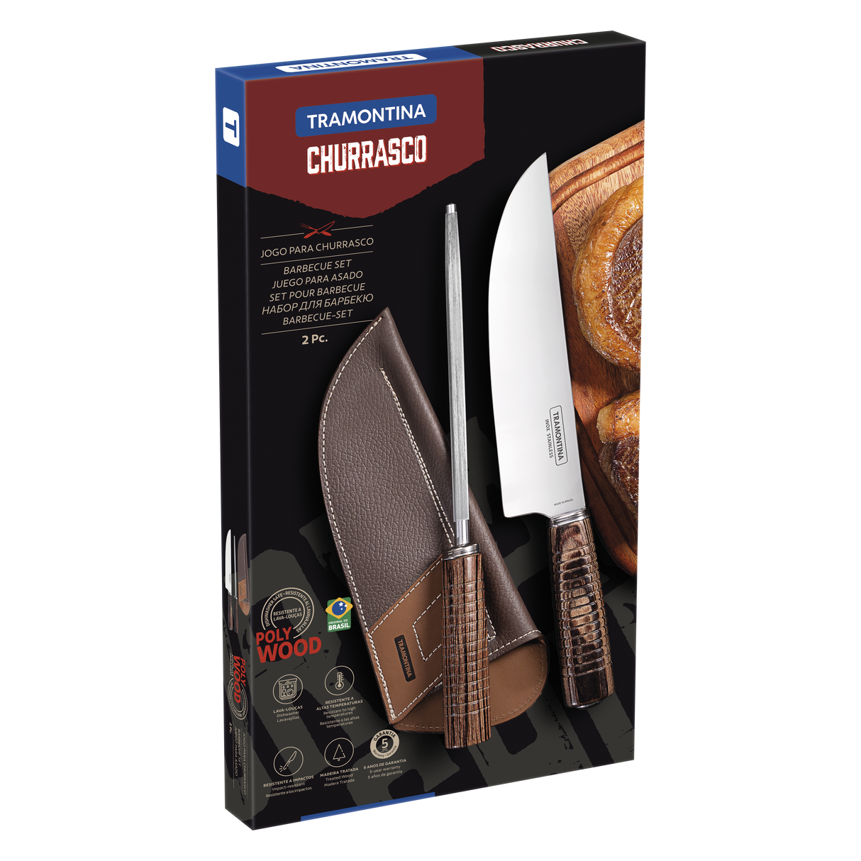 Tramontina Juego de Útiles para Carne Polywood Castaño 2 piezas con Afilador y Funda