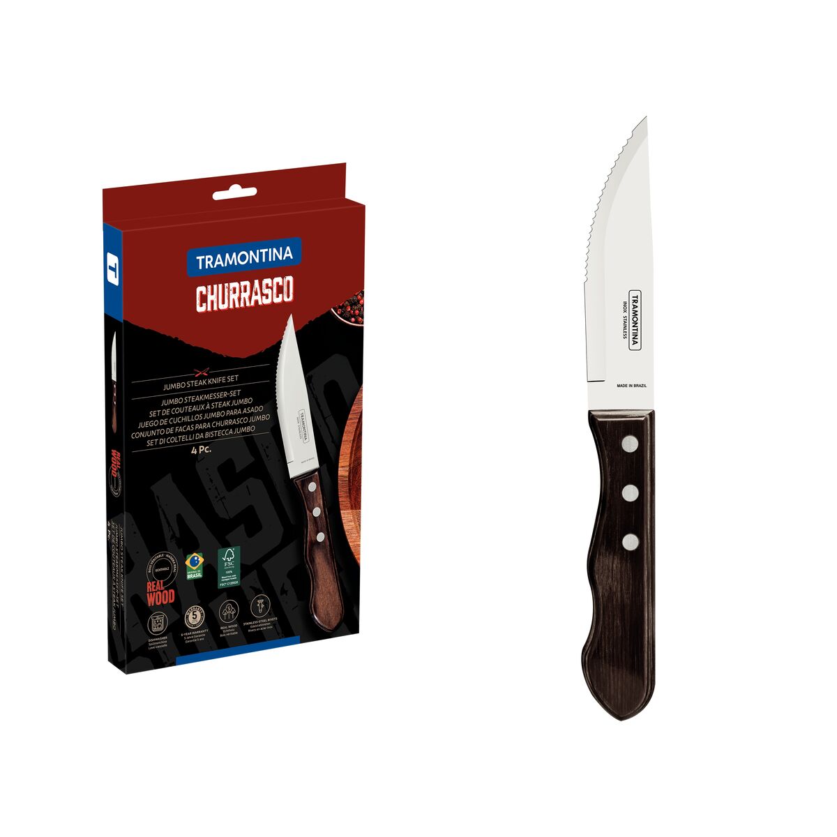JUEGO DE CUCHILLOS JUMBO PARA CARNE/BBQ 12CM  4PZAS. - POLYWOOD CASTAÑO