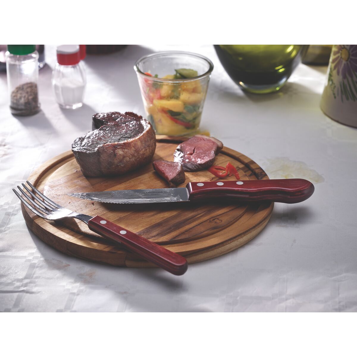JUEGO DE CUCHILLOS PARA CARNE/BBQ JUMBO 12CM 6PZAS. - POLYWOOD FSC ROJO
