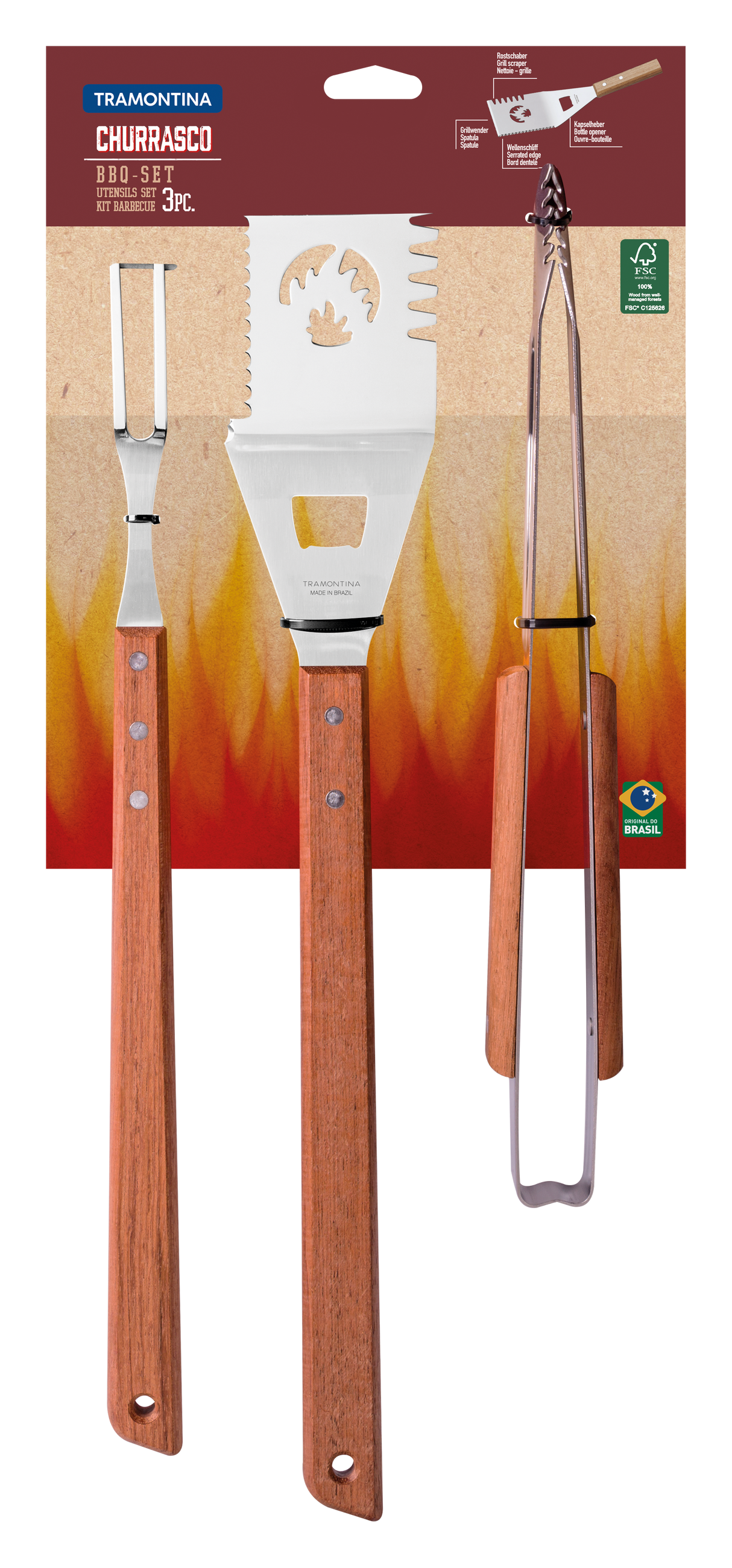 Juego de Útiles para Barbacoa en Acero Inoxidable y Mangos de Madera Natural FSC® 3 Piezas - Tramontina