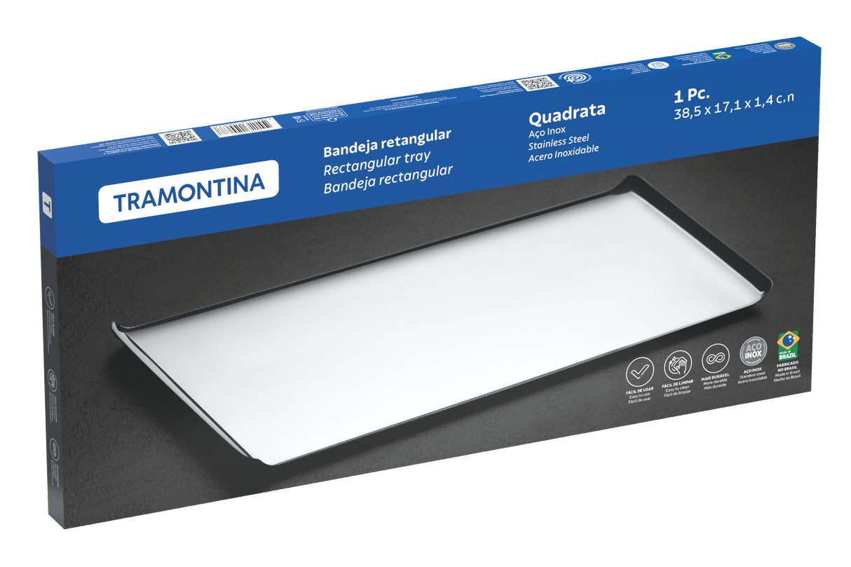 Bandeja rectangular de acero inoxidable alto brillo 38x17 cm, Quadrata