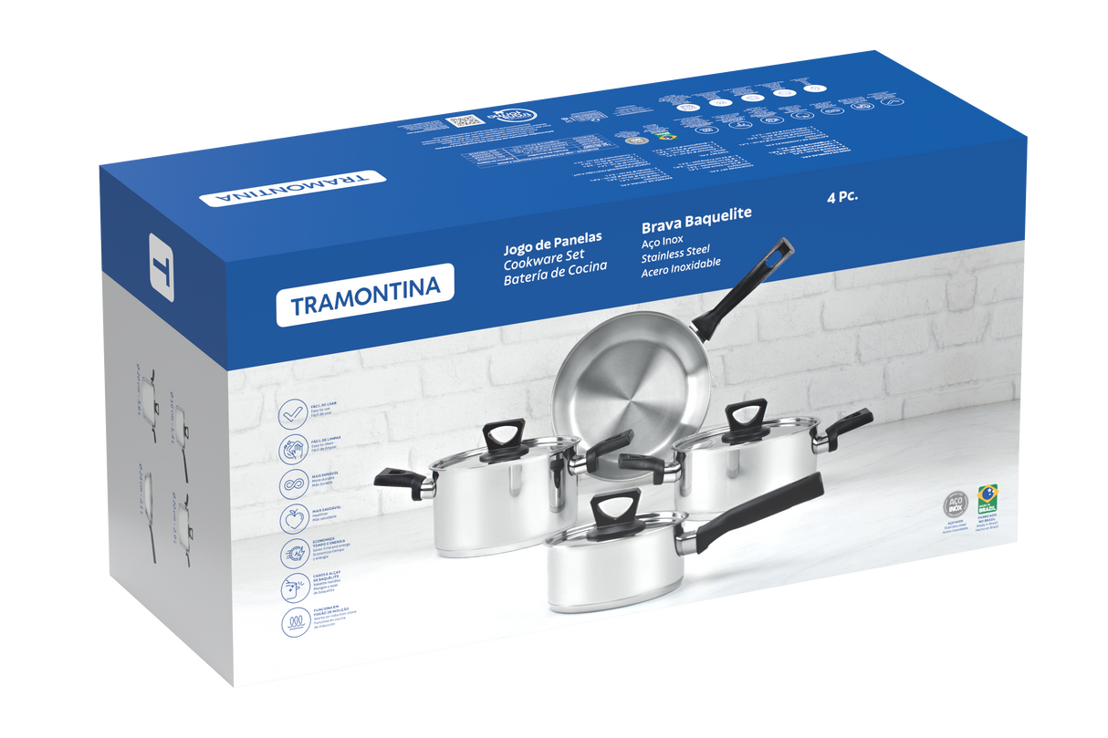 Tramontina Batería de Cocina Brava Baquelite de Acero Inoxidable con Fondo Triple 4 piezas