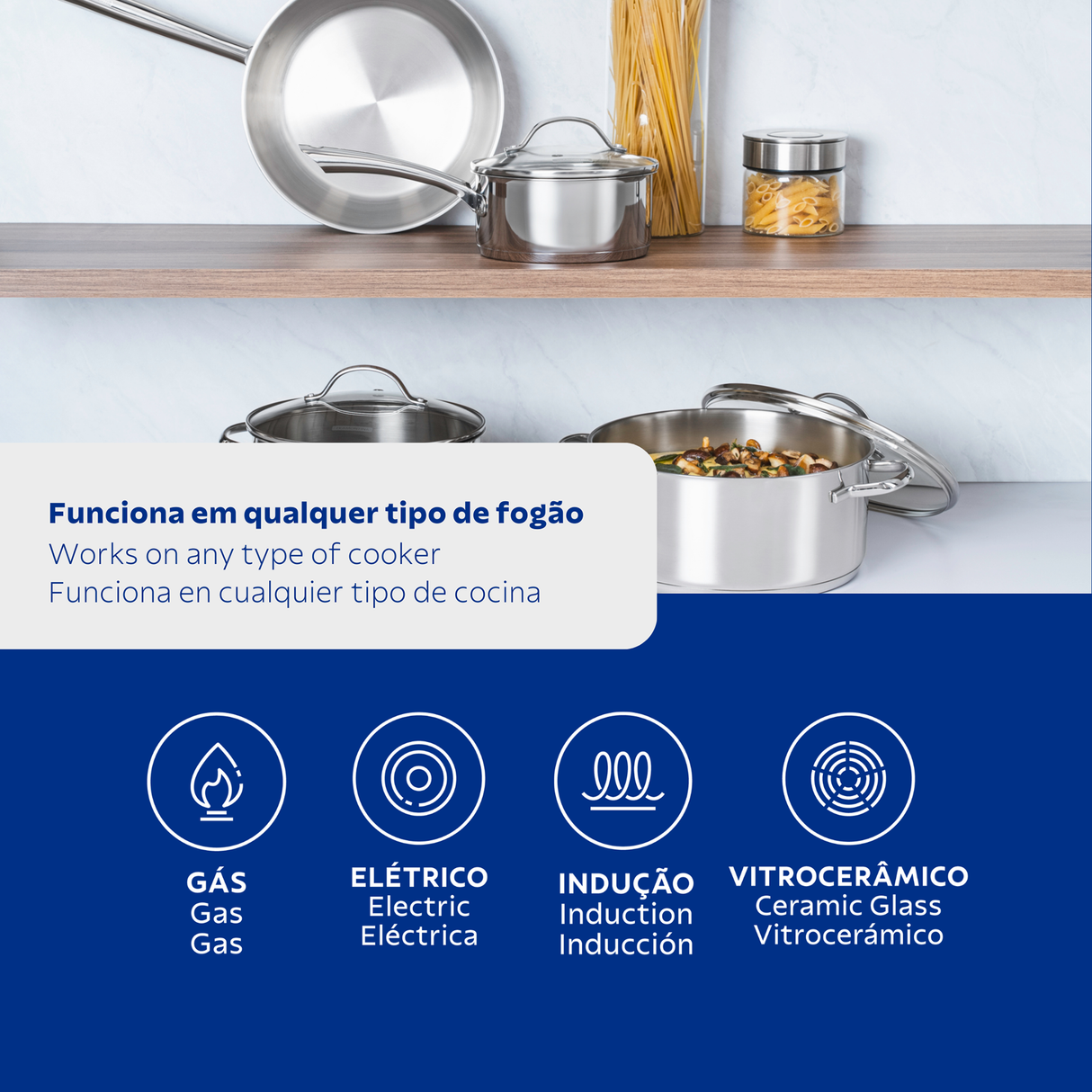 Tramontina Juego de Ollas Una de Acero Inoxidable con fondo triple 4 piezas