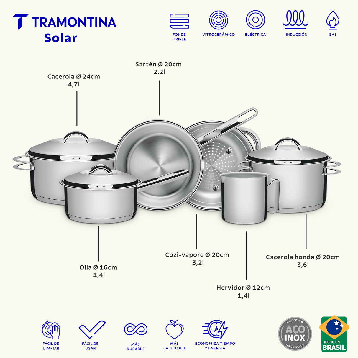 Tramontina Batería de Cocina Solar de Acero Inoxidable con fondo triple 6 piezas