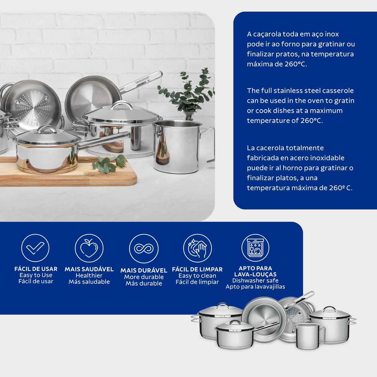 Tramontina Batería de Cocina Solar de Acero Inoxidable con fondo triple 6 piezas