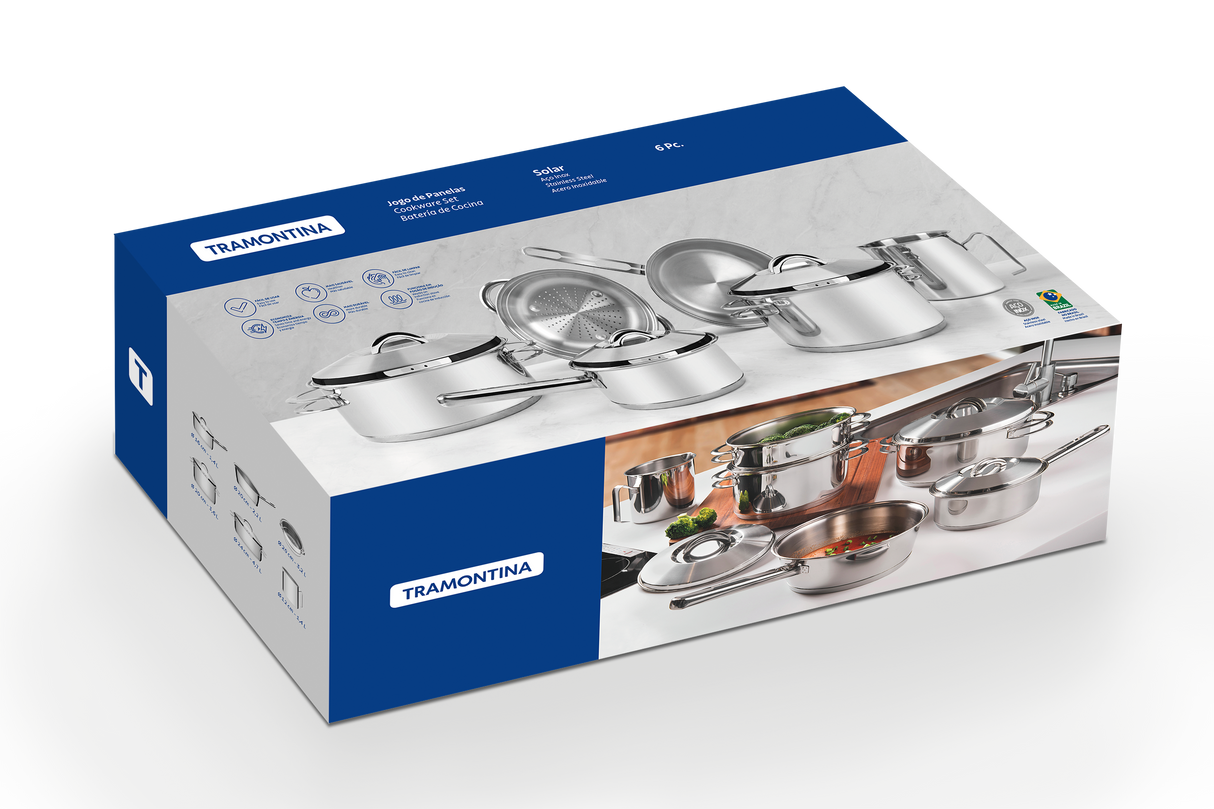 Tramontina Batería de Cocina Solar de Acero Inoxidable con fondo triple 6 piezas