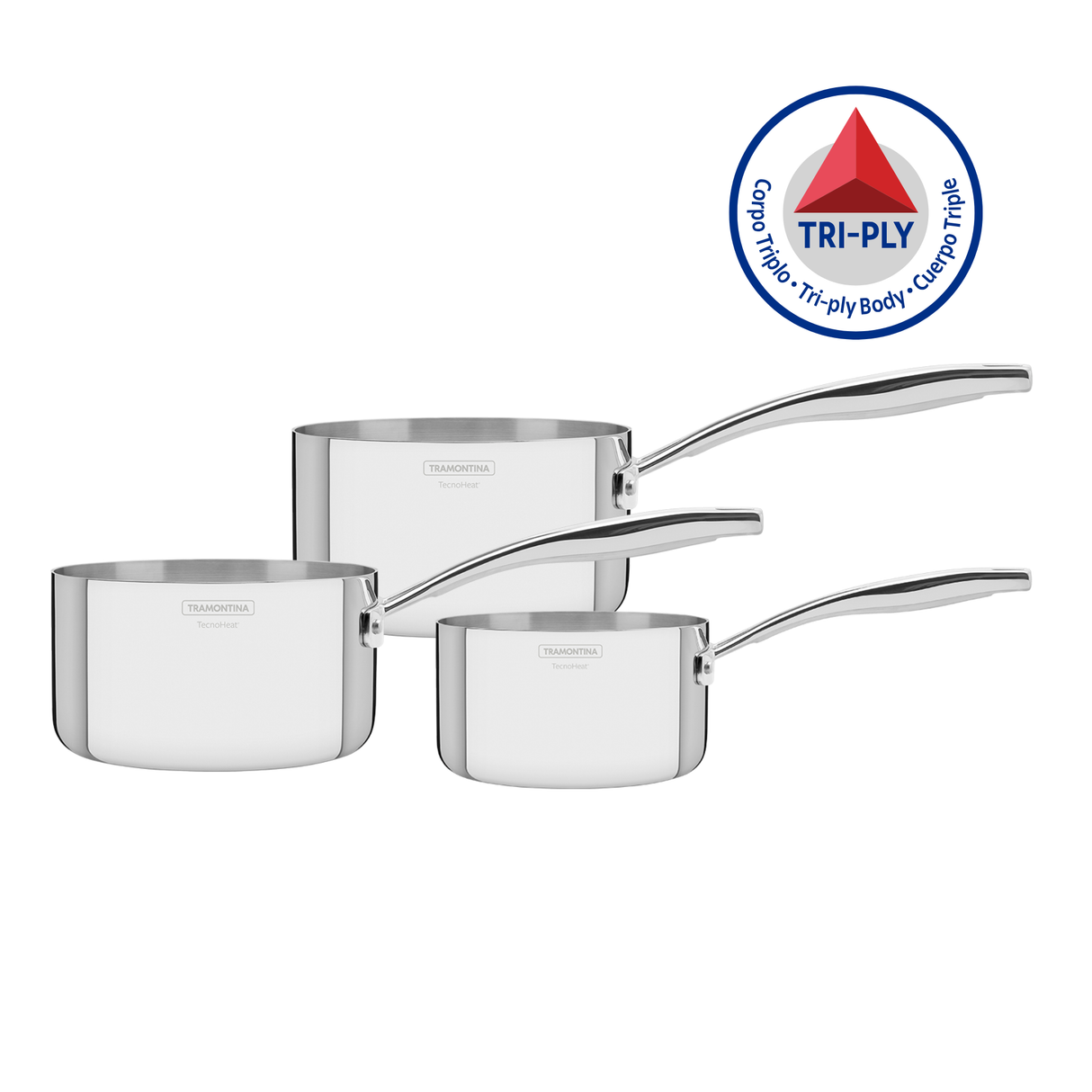 Tramontina Batería de Cocina Grano de Acero Inoxidable Sin Tapas Cuerpo Triple 3 piezas