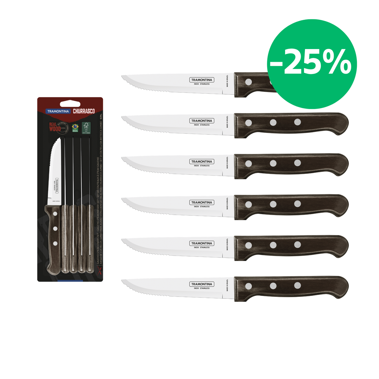 Tramontina Juego de Cuchillos para Carne Jumbo Polywood Castaño 12 cm 6 piezas